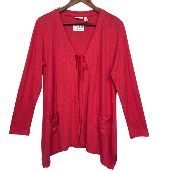 Logo Lori Goldstein Tie Front‎ Cardigan Sweater Women Size M Red Pockets Linen - Picture 1 of 13